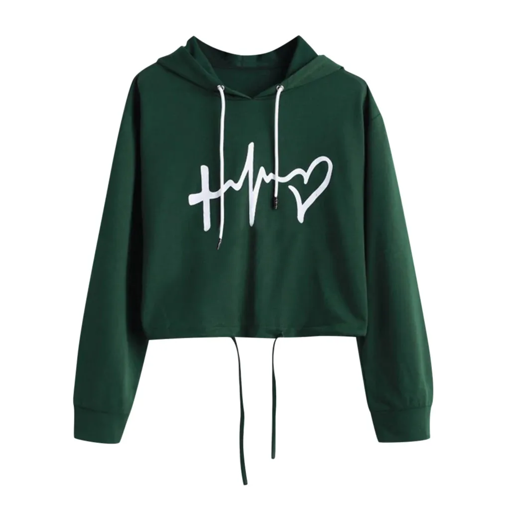 Women Harajukur women hoodies crop sweatshirt female clothes drawstring Green sexy Kawaii Heart Print hoody cotton Hoodies #B