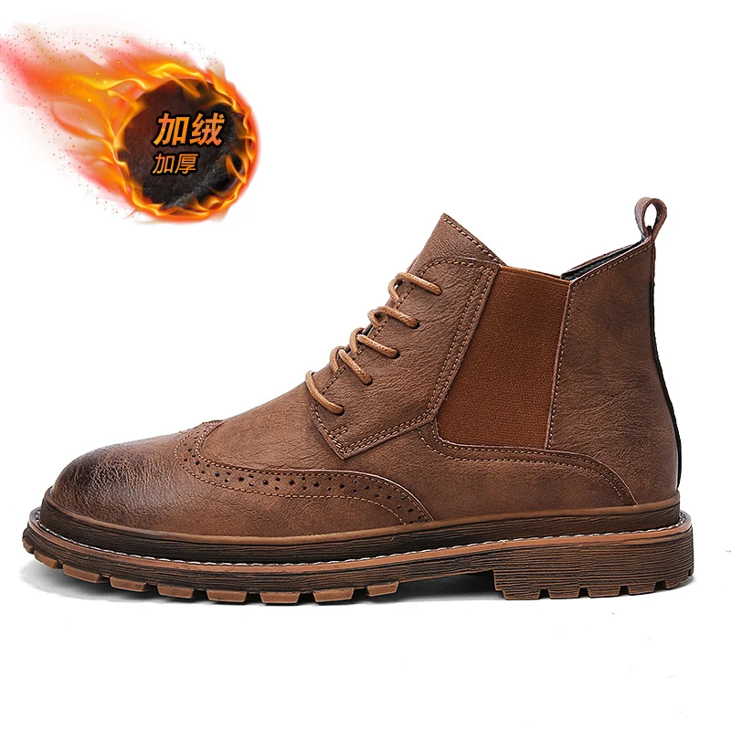 Модные мужские зимние ботинки из хлопка; Botas Masculinas; высококачественные мужские кожаные ботинки; обувь с высоким берцем; уличные Ботинки martin - Цвет: Коричневый