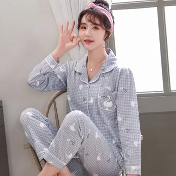 

Sleepwear Women Pajamas Set Women's Duck Cartoon Long Femme Long Sleeved Sleepwear Nightwear Set Mujer Pijama Ladies Lingerie