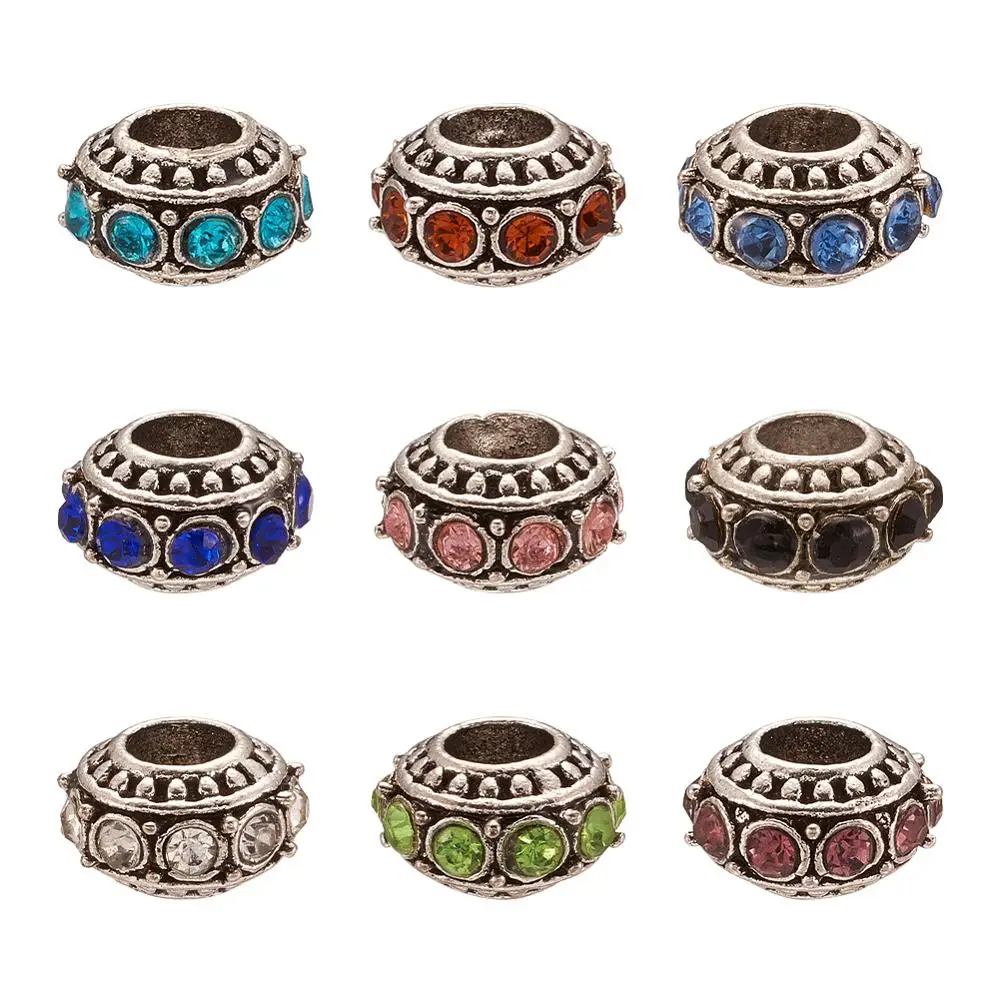 50Pcs Alloy Rhinestone European Beads Mixed Color Rondelle Large Hole Beads Spacer For DIY Charms Bracelet Jewelry Making