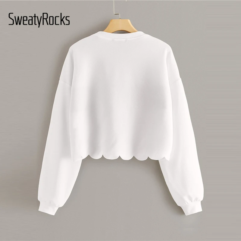 SweatyRocks, белая леопардовая панель, волнистый подол, толстовка, Женские топы с длинным рукавом, осень, пуловер для активного отдыха, Повседневная Толстовка