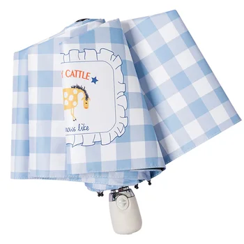 

Blue White Plaid Fully-Automatic Women'S Umbrellas Sunscreen Waterproof Sun Umbrella Three-Folding Parasol