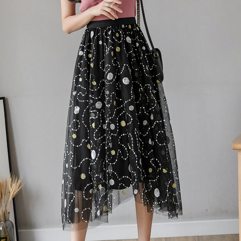 

Korean Skirts Womens Elegant Woman Embroidered Sequin Skirt Woman High Waist Polka Dot Skirts Plus Size Faldas Mujer Moda Skirt