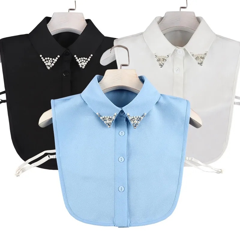 

Linbaiway Ladies Fake Collar for Women Chiffon Fake Collar Rhinestone False Collar Lapel Detachable Button Half-Shirt Blouse Top
