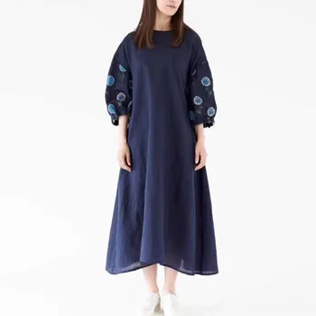 

Johnature New Vintage Cotton Linen Embroidery Flower Robe Women Dresss 2020 Autumn O-neck Half Sleeve Loose Solid Color Dress