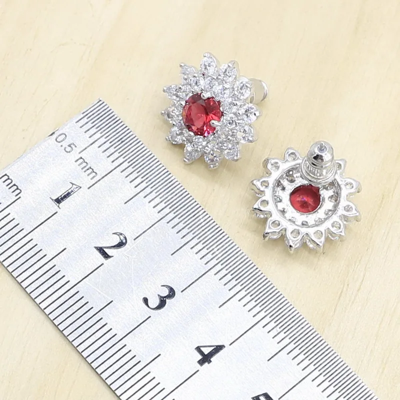 В форме цветка красные белые камни 925 Серебряные Ювелирные наборы для женские серьги кольца ожерелье Подарочная коробка для кулона