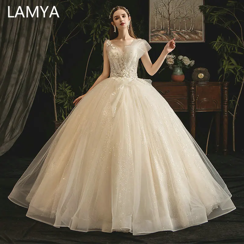 LAMYA/высококачественные свадебные платья с кружевной аппликацией и бисером элегантное Пышное Бальное Платье принцессы Свадебные платья с