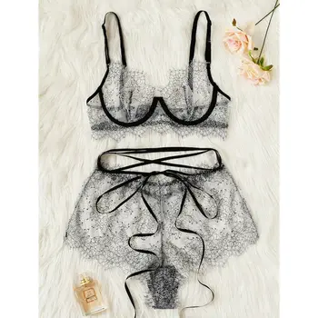 

2019 Ladies lace split sexy lingerie corset lace rim Racy Muslin pajamas underwear top + panties suit Sexy 2pcs Set 3 colors