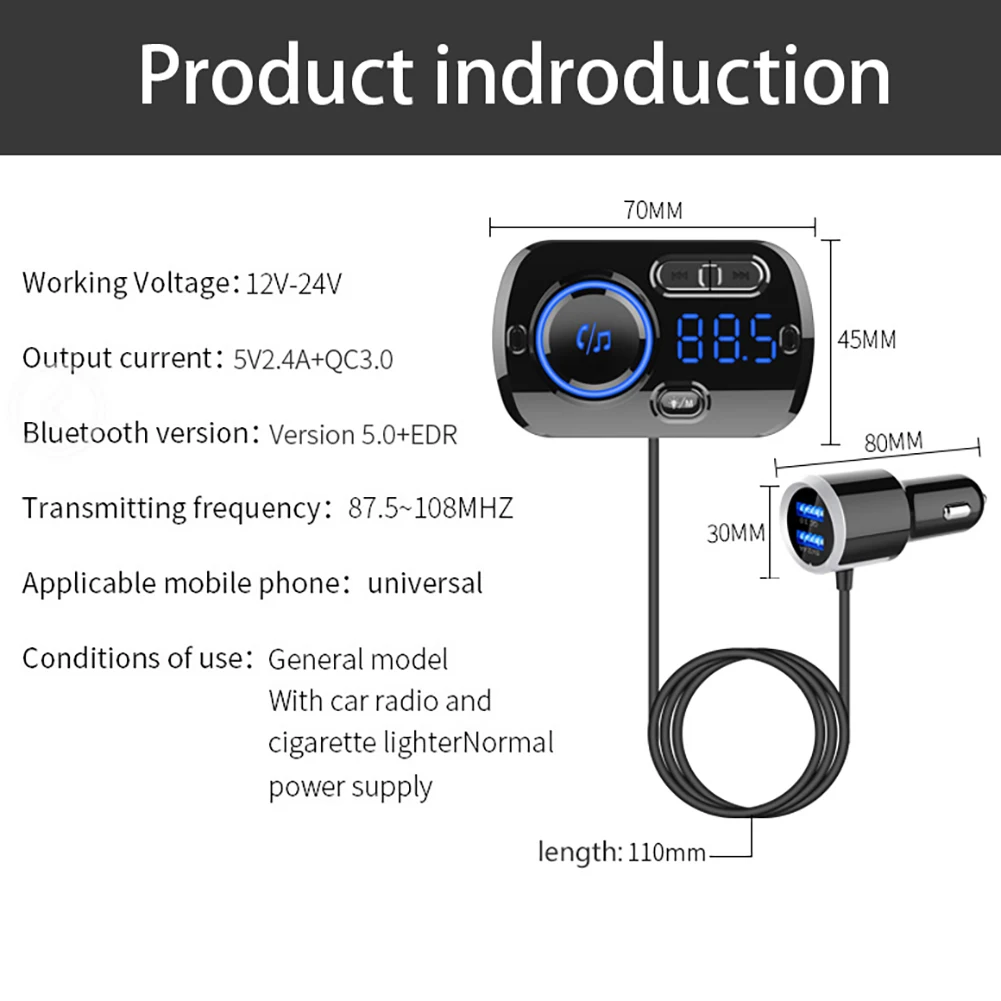 Автомобильный MP3-плеер 1,2 дюймов Автомобильный беспроводной Bluetooth динамик беспроводной QC3.0 Быстрая зарядка fm-передатчик с атмосферным светом