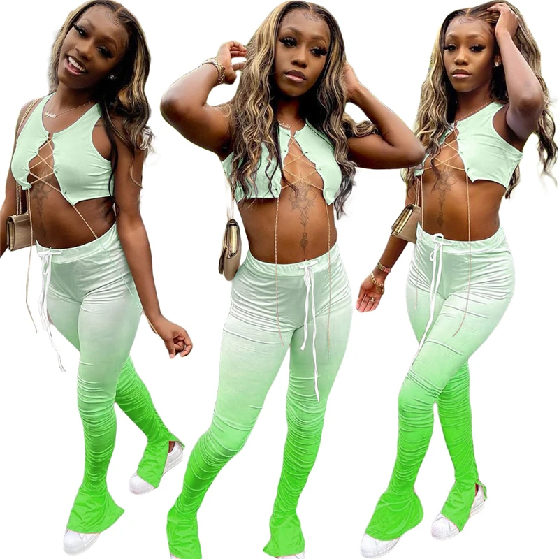 Adogirl Changing Color Two Piece Set Metal Chain Straps Sleeveless Crop Top Ruched Split Flare Pants Women Tracksuit Outfits
