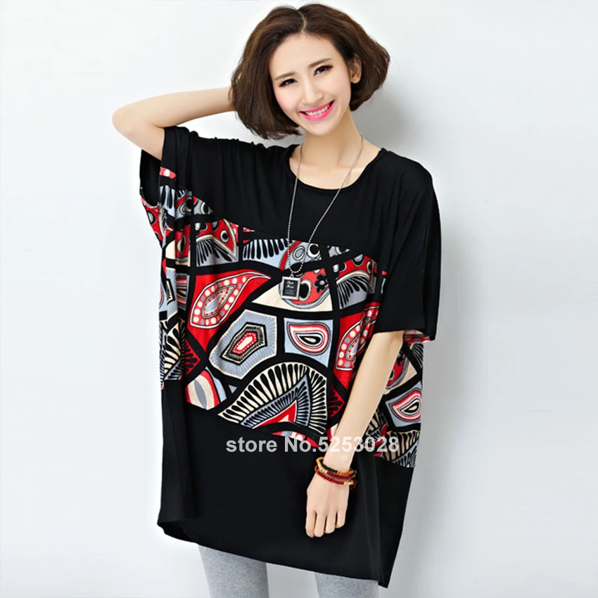 

African Ethnic Summer Autumn T-Shirt Dress Plus Size Women Patchwork Striped Geometric Print Female Maxi Tops T-shirts