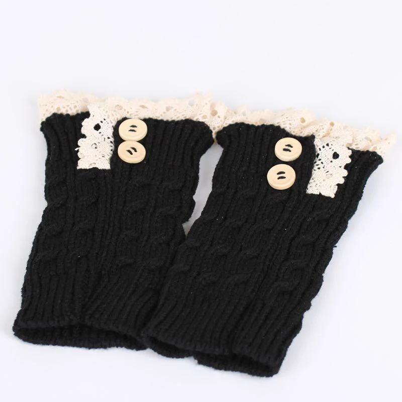 Шерстяные кружевные носки короткие пуговицы скрученные ножные накладки наколенники женские покрытия для ног сохраняющие тепло и мода в холодную зиму - Цвет: black