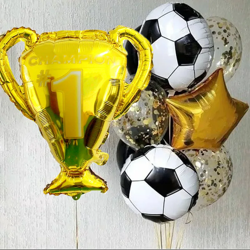 Golden Trophy 18inch Football Star Foil Ballon Soccer Theme Party Gold Black Confetti Helium Balloon Men Boy Sports Decora | Дом и сад