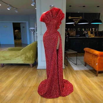 

2020 Strapless High Slit Sleeve Red Glitter Party Formal Long Gown Prom Dress