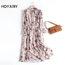 Moyatiy – robe mi longue à imprimé Floral pour femmes, taille élastique, avec nœud, col en dentelle, motif Floral rétro, à la mode, 2022 