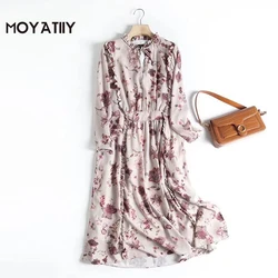 MOYATIIY vestido Midi con estampado Floral para mujer, vestido Retro con estampado de flores, cintura elástica, con lazo y cuello de encaje, 2022