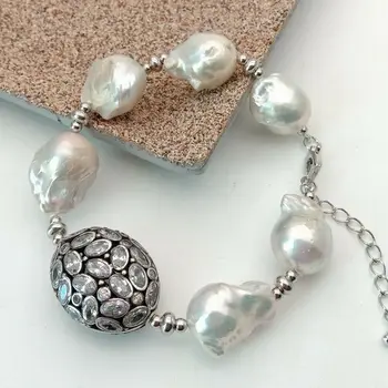 

8'' 14x18MM Freshwater White Keshi Pearl Cz pave Connector Bracelet