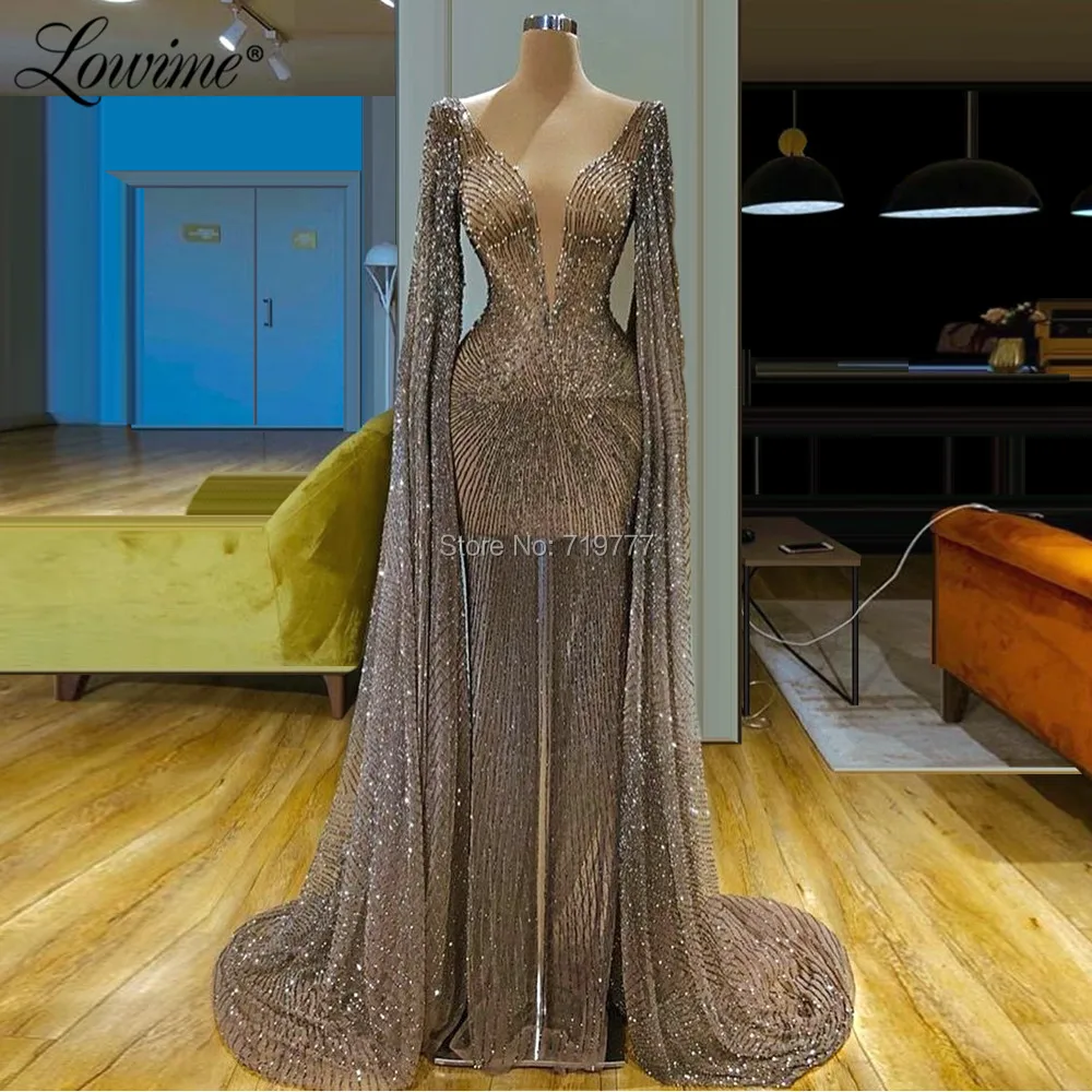 Пышное блестящее вечернее платье с длинными рукавами, Robe De Soiree, прозрачный исламский кафтан, Дубай, вечерние платья, Русалка, платья для выпускного вечера