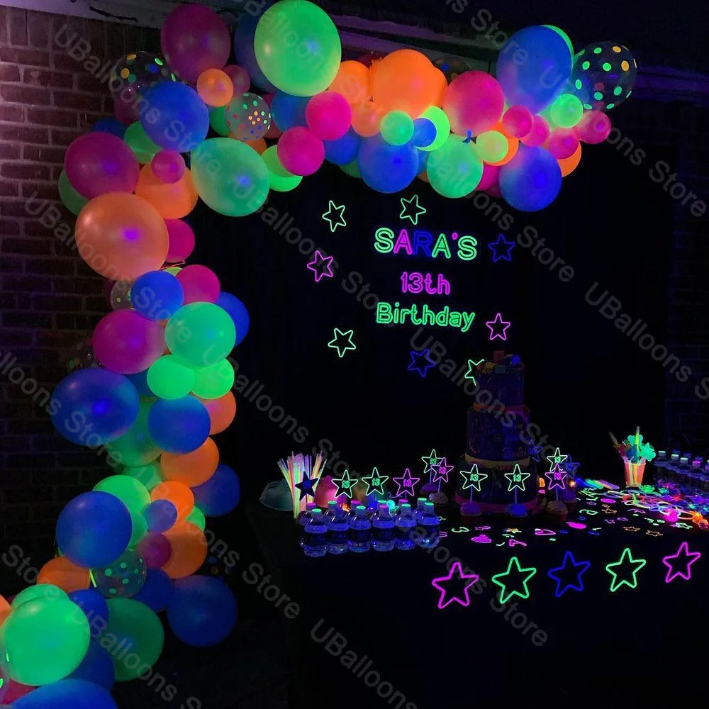 conjunto neon balões de aniversário arco uv brilhante blacklight látex globos neon balões guirlanda para festa de aniversário decoração suprimentos