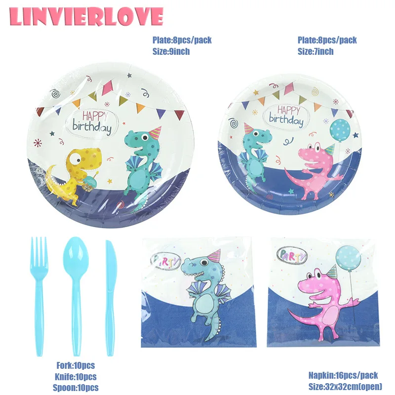 LINVIERLOVE 16 гостей детский душ динозавры для детей с днем рождения полиэтиленовая скатерть соломенный карнавальный язычок для вечеринки столовые приборы - Цвет: 62pcs