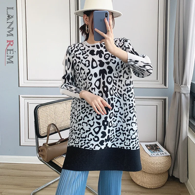 LANMREM Женская леопардовая футболка 2021 осенние Рубашки с принтом универсальная