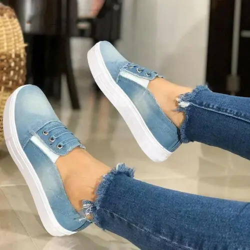 

Womens Slip On Denim Pumps Trainers Loafers Ladies Summer Flat Comfy Shoes Sizes