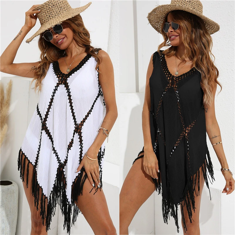 Sexy Crochet Beach Cover Up Fringe Tunic Swimsuit White Black Tunics for Woman 2021 Summer Women's Bikini Geometric Cover-ups bathing suit bottom cover up