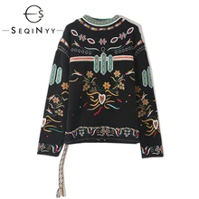SEQINYY Высококачественный свитер осень зима модный дизайн женский винтажный цветочный вышитый длинный рукав черный пуловер
