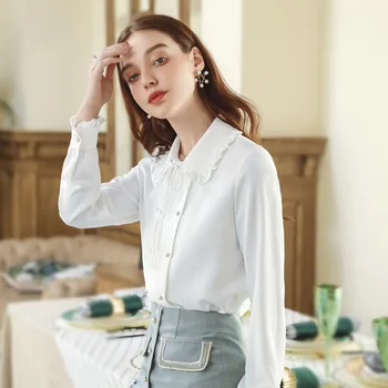 

2020 Spring and Autumn New Women's Sweet Style Doll Collar Long-Sleeved Upper Garment Lady All-match White Shirt Women