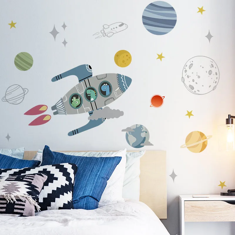 Rocket Ship Astronaut Creative Vinyl Wall Sticker For Boy Room Decoration Outer Space DIY Wall Decal Nursery Kids Bedroom Decor