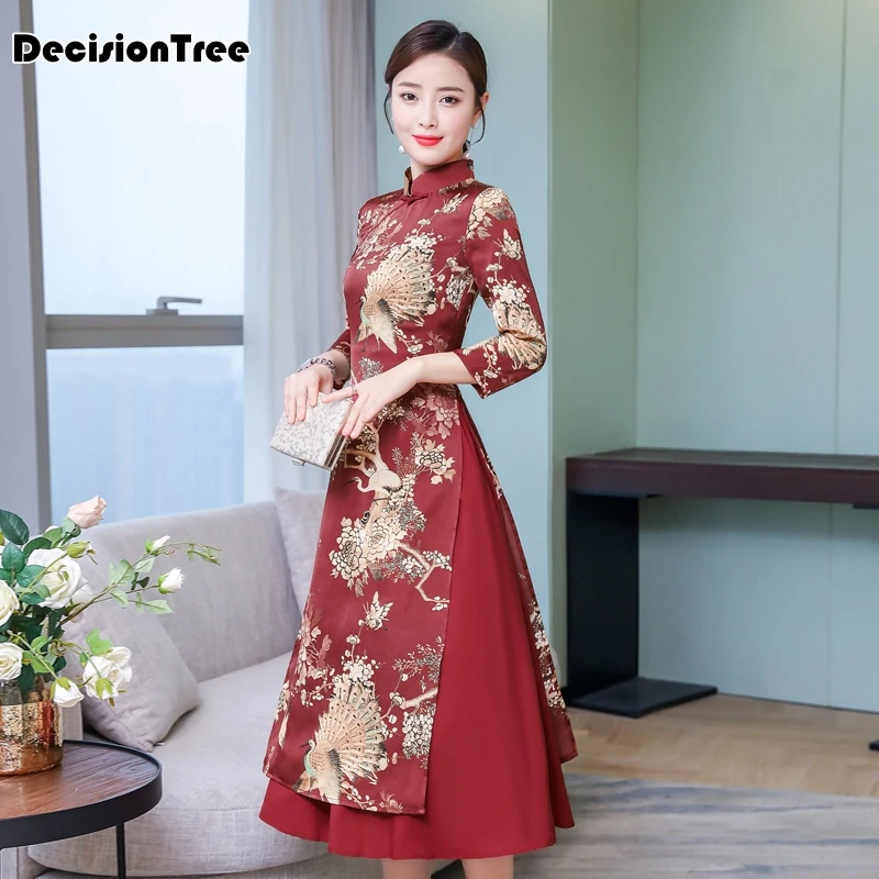 cheongsam ao dai вьетнамский стиль элегантное женское платье ретро Мандарин Воротник Феникс печати aodai платье китайское платье qipao