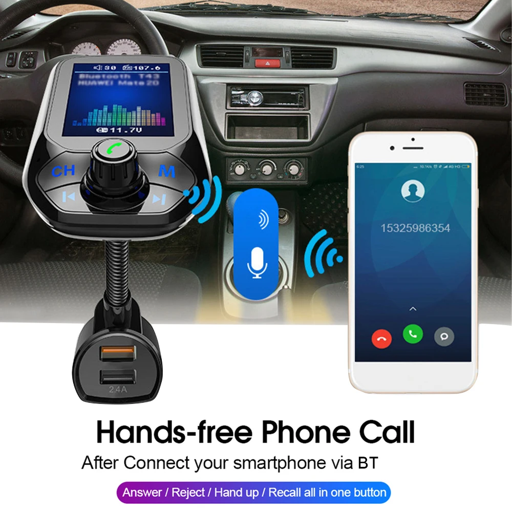 T43 Car MP3 Player Multi-function BT5.0 FM Transmitter Dual USB Chargers Support Hands-free TF Card U Disk Music Play