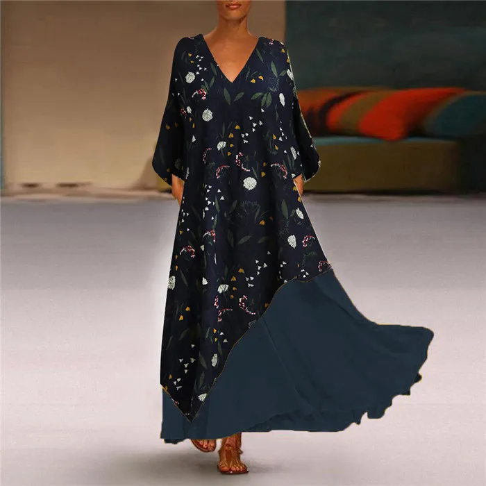 Navy Большие размеры 5XL, льняные женские длинные платья, Boho, v-образный вырез, длинный рукав, пэчворк, этническая осень-зима, Пляжное женское стильное платье - Цвет: Navy