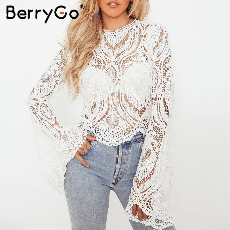 BerryGo Сексуальная сетчатая кружевная женская блузка с вышивкой Элегантные