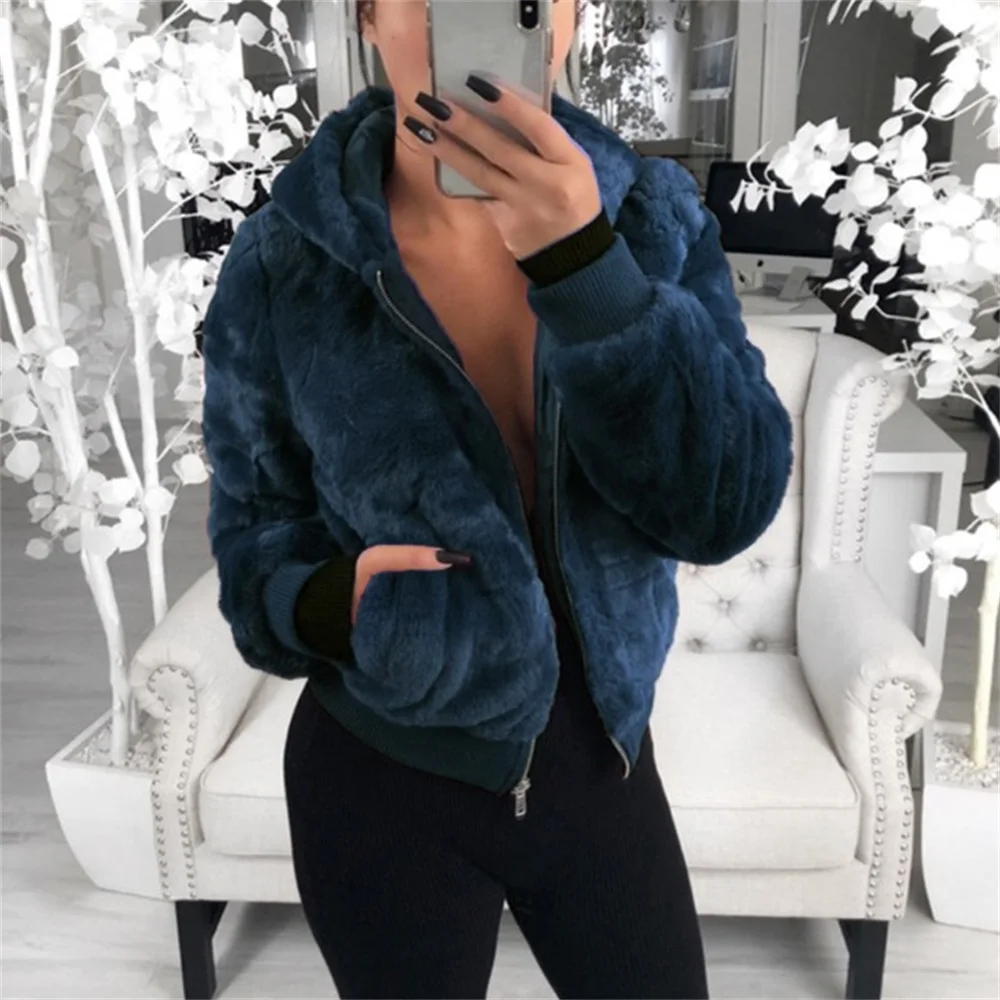 Женские короткие куртки размера плюс 5XL флисовое теплое пальто из мягкой ткани повседневные топы уличная плюшевая пушистая женская верхняя одежда на молнии с капюшоном - Цвет: Royal blue