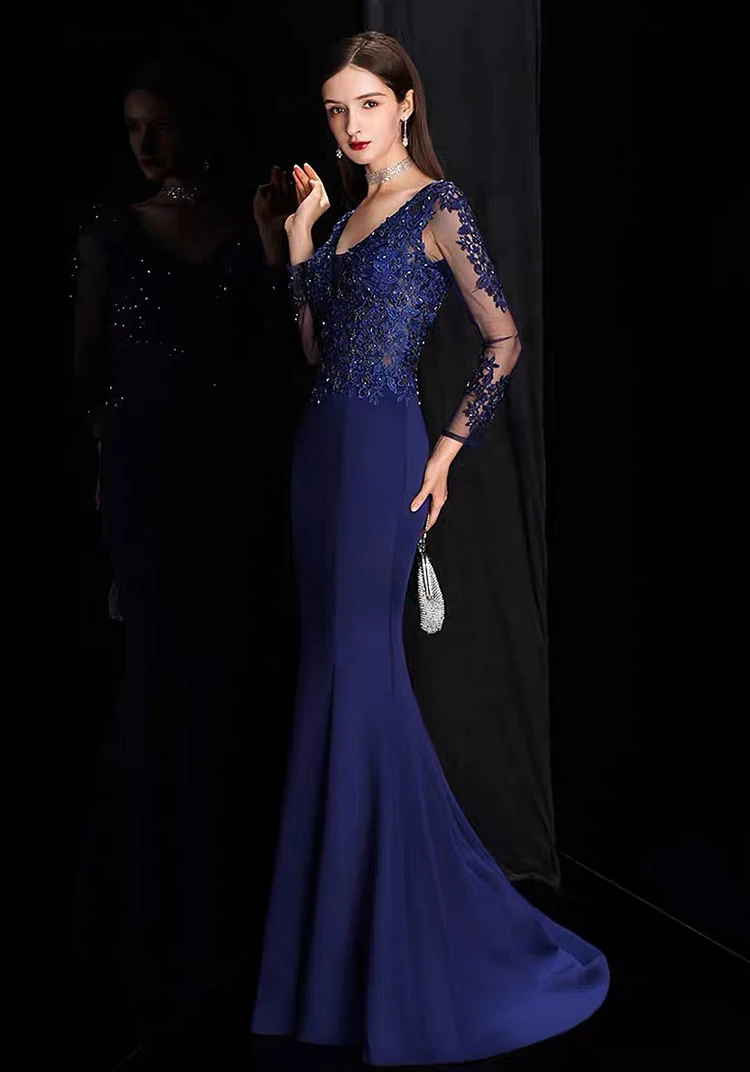 

Silk Applique Navy Blue Mother Evening Dresses V Neck Long Sleeves Mother Of The Bride Dress Mermaid Wedding Formal Party Gowns