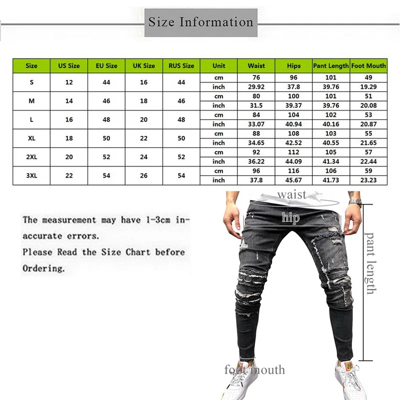 CYSINCOS 2019 Streetwear Men's Ripped Skinny Distressed Destroyed Slim Stretch Biker Jeans Pants With Holes Full Length Jeans