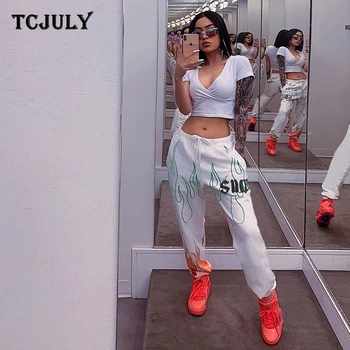

TCJULY Fashionable Flame Letter Printed Harem Pants High Waisted Drawstring Joggers Trousers Women Streetwear Casual White Pants