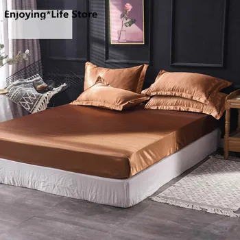 

1PCS Fitted Sheet Satin Silk Luxury Mattress Cover Coffee Bed Sheet Elastic Band Solid Color Adult Rubber Bed Sheets