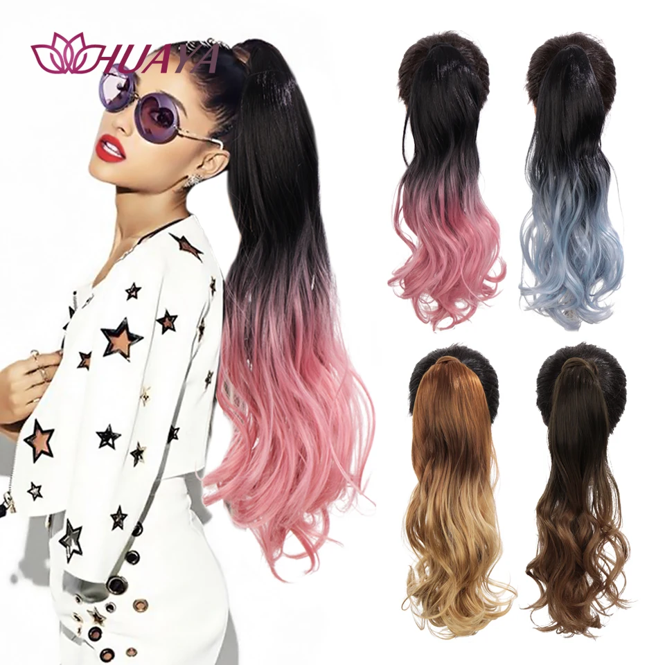 

HUAYA Long Wavy Curly Wrap Around Clip In Ponytail Hair Extension Heat Resistant Synthetic Ombre Pink Golden Pony Tail Fake Hair