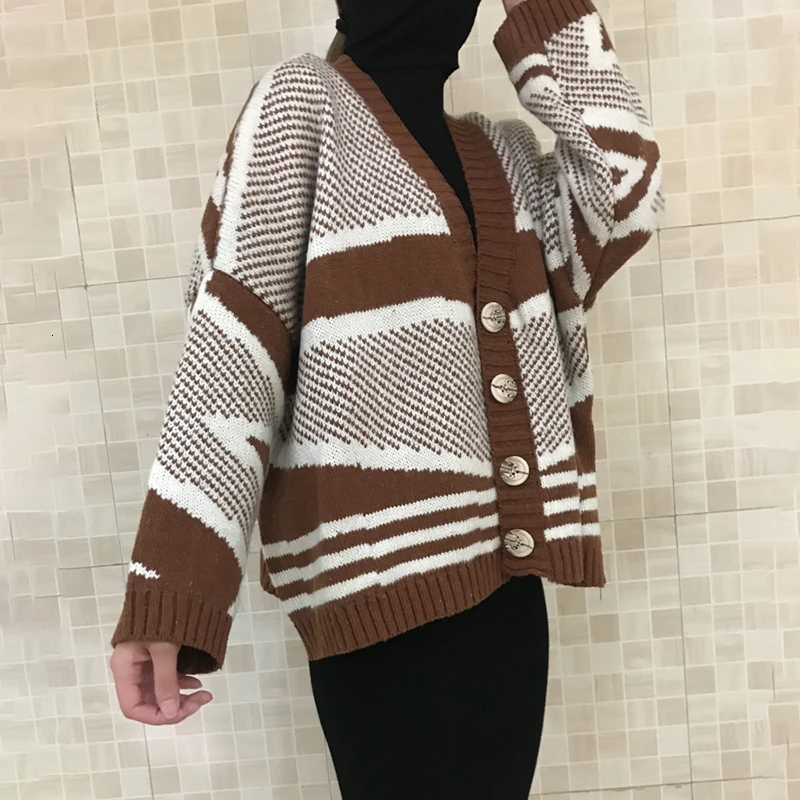 TWOTWINSTYLE Striped Knitted Women's Sweater V Neck Batwing Sleeve Korean Female Cardigans Autumn Oversized Fashion New
