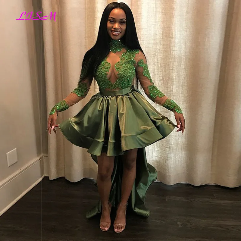 

African Sexy Homecoming Dress High Neck Long Sleeves Lace Appliques Beaded Cocktail Dresses Long Short Graduation Gowns