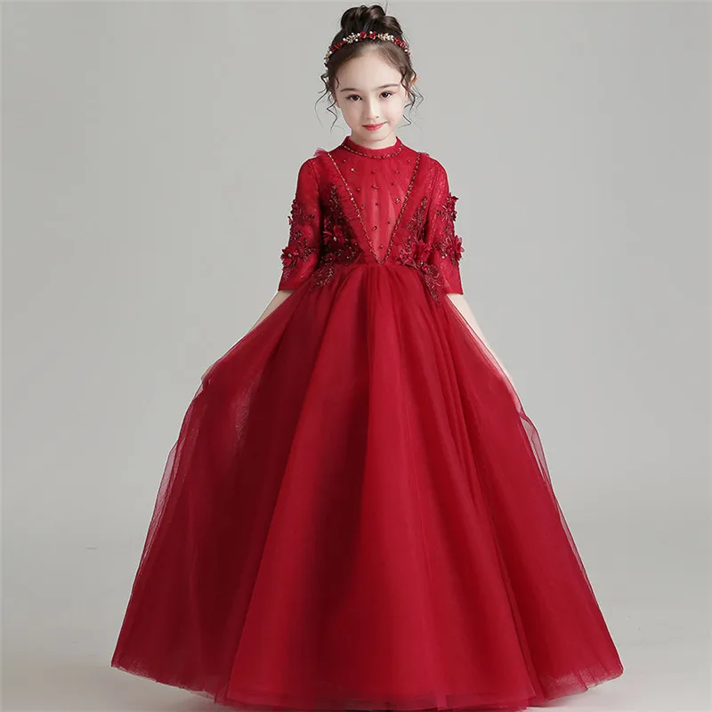 winered long dress Роскошное пышное платье принцессы для девочек для свадебной вечеринки, дня рождения, выпускного вечера, элегантное платье для девочек-подростков - Цвет: winered long dress
