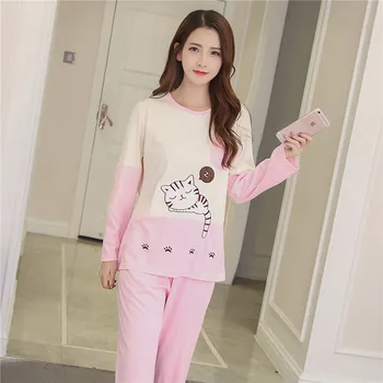 

2020 Spring Cute Pullover Cartoon Knitted Cotton Casual Women's Pullover Pajamas Home Service Suit Home Clothes Women Pajamas