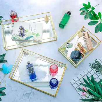 

Nordic Glass Storage Trays Luxury Golden Edge Multifunction Jewelry Necklace Decorative Plate Creative Hexagonal Desktop Boxes