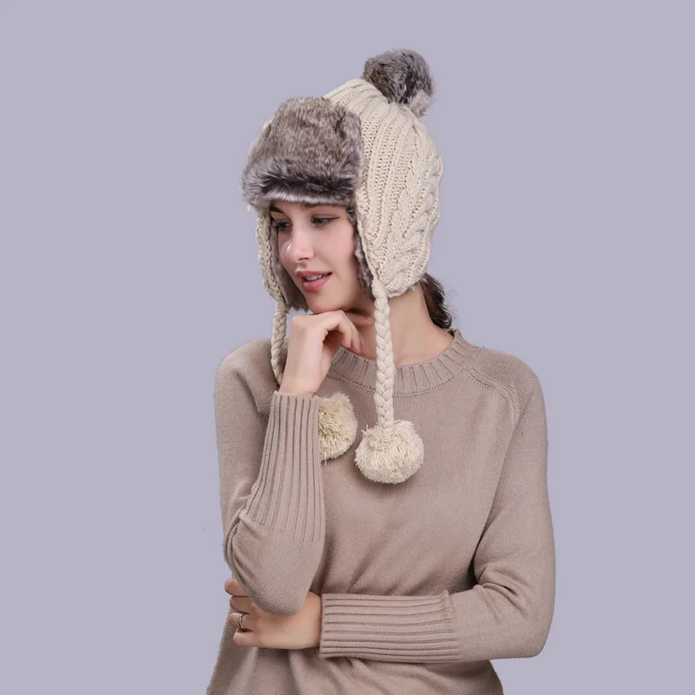 

Warm Women Winter Hat with Ear Flaps Snow Ski Thick Knit Wool Beanie Cap Hat Casual Streetwear Bomber Hat