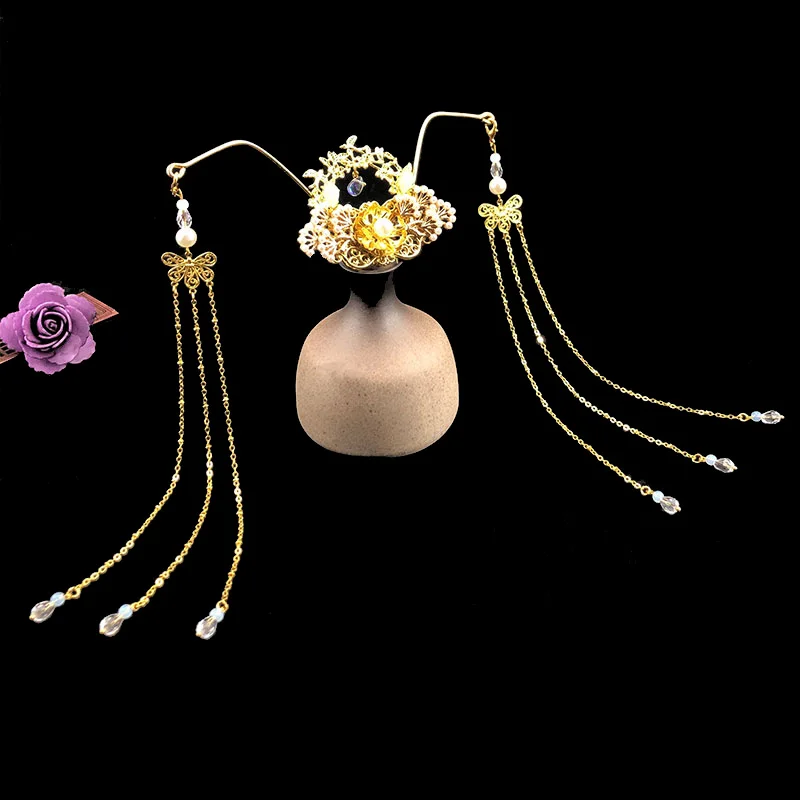 Косплей Hanfu Дворцовая корона для волос Kanzashi длинные кисточки рыжие волосы аксессуар головной убор принцессы ручной работы антикварные украшения для волос