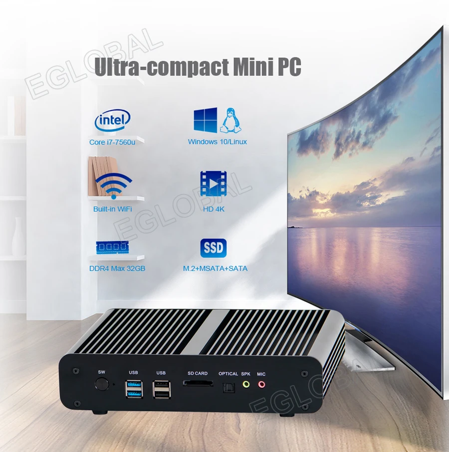 Процессор EGlobal fanless Мини компьютер intel core i7 7560U низкой мощности портативный HTPC VGA HDMI Dual Lan Поддержка 2 * DDR4 платформа 4K HD плеер Процессор EGlobal fanless Мини компьютер intel core i7 7560U низкой мощности портативный HTPC VGA HDMI Dual Lan Поддержка 2 * DDR4 платформа 4K HD плеер