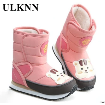 

ULKNN Kids Winter Girls Snow Boots Warm Shoes Sole PU Casual Shoes Non-slip Rubber Cat Cute Cartoon Waterproof for Children Pink