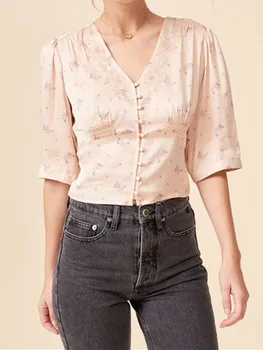 

Sweet Floral Lady V-neck Blouse 2020 New Retro Satin Spring Half Sleeve Single-breasted Shirts And Top